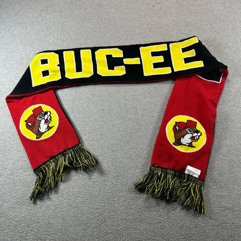 Buc-ee's Knit Scarf Unisex OS Red Black Yellow Beaver Logo Fringed Road Trip